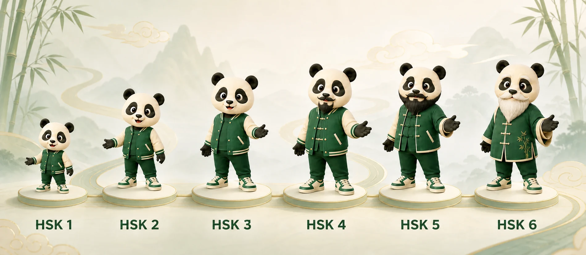 Pān Pān growing from a young HSK 1 learner through HSK 2, HSK 3, HSK 4, and HSK 5 into a wise HSK 6 master