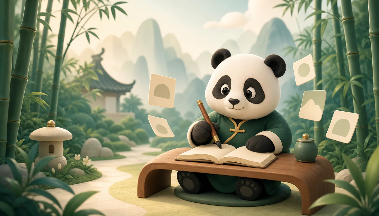 Pān Pān, the HSK PAN learning guide, reading a Chinese book